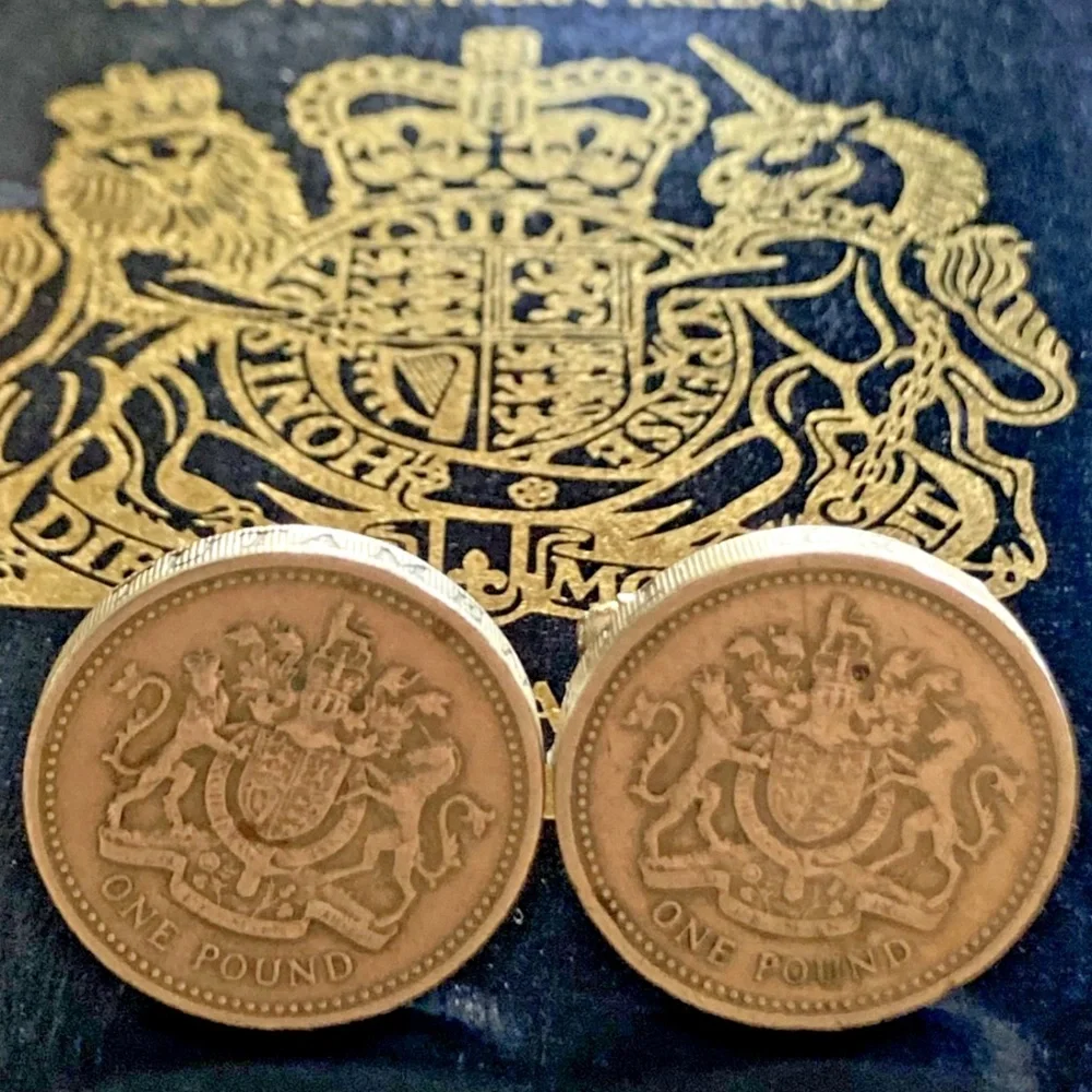 Vintage UK One Pound Coin Cufflinks – Royal Coat of Arms – Handmade British Pair